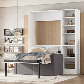 Twin Size Murphy Bed Wall Bed with Sofa,with Shelves,White