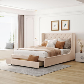 Queen Size Storage Bed Velvet Upholstered Platform Bed with Wingback Headboard and a Big Drawer (Beige) LP000814AAA