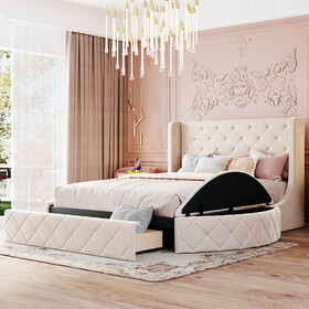 Upholstered Platform Bed Queen Size Storage Velvet Bed with Wingback Headboard and 1 Big Drawer,2 Side Storage Stool(Beige)