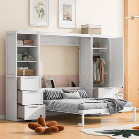 Queen Size Murphy Bed Wall Bed with Closet,Drawers and Shelves,White