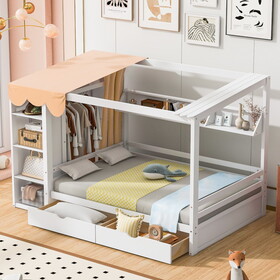 Full size House Bed with Two Drawers and Wardrobe,White