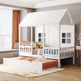 Twin Size Wood House Bed with Twin Size Trundle, Wooden Daybed, White