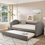 Full Size Upholstered Daybed with Twin Size Trundle, Wood Slat Support, Gray