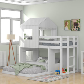 Wooden Twin Over Full Bunk Bed, Loft Bed with Playhouse, Farmhouse, Ladder and Guardrails, White LT000027AAK