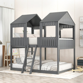 Full Over Full Woodbunk Bed with Roof, Window, Guardrail, Ladder (Gray) LT000031AAN