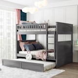 Full Over Full Bunk Bed with Twin Size Trundle, Pine Wood Bunk Bed with Guardrails, Brushed Gray LT000044AAN