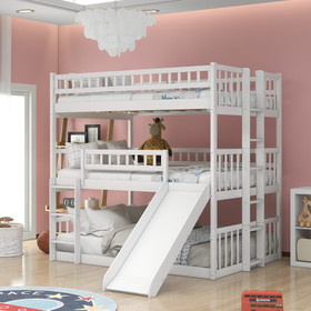 Full-Over-Full-Over-Full Triple Bed with Built-in Ladder and Slide, Triple Bunk Bed with Guardrails, White LT000052AAK