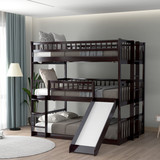 Full-Over-Full-Over-Full Triple Bed with Built-in Ladder and Slide, Triple Bunk Bed with Guardrails, Espresso LT000052AAP