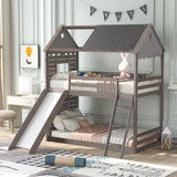 Twin Over Twin Bunk Bed Wood Bed with Roof, Window, Slide, Ladder, Antique Gray LT000059AAE