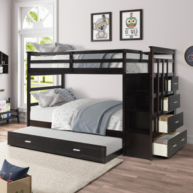 Solid Wood Bunk Bed, Hardwood Twin Over Twin Bunk Bed with Trundle and Staircase, Natural Espresso Finish LT000068AAP
