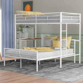 Twin Over Full Metal Bunk Bed with Desk, Ladder and Quality Slats for Bedroom, Metallic White LT000092AAK