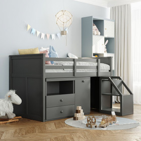 Loft Bed Low Study Twin Size Loft Bed with Storage Steps and Portable Desk, Gray LT000101AAE