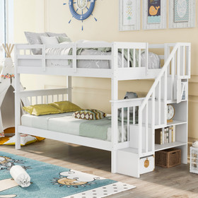 Stairway Twin-Over-Twin Bunk Bed with Storage and Guard Rail for Bedroom, Dorm, White Color LT000109AAK