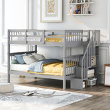 Stairway Full-Over-Full Bunk Bed with Storage and Guard Rail for Bedroom, Dorm, Gray LT000110AAE