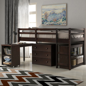 Low Study Twin Loft Bed with Cabinet and Rolling Portable Desk - Espresso LT000113AAP