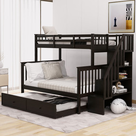 Stairway Twin-Over-Full Bunk Bed with Twin Size Trundle, Storage and Guard Rail for Bedroom, Dorm, for Adults, Espresso LT000119AAP