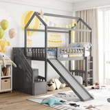 Twin Loft Bed with Two Drawers and Slide, House Bed with Slide, Gray LT000130AAE