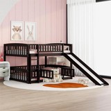 Bunk Bed with Slide, Full Over Full Low Bunk Bed with Fence and Ladder for Toddler Kids Teens Espresso LT000182AAP