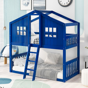 Twin Over Twin House Bunk Bed with Ladder, Wood Bed-Blue LT000184AAC