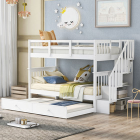 Stairway Twin-Over-Twin Bunk Bed with Twin Size Trundle for Bedroom, Dorm, Adults, White LT000209AAK