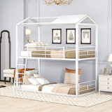 Twin over Twin Bunk Bed Metal Bed with Half Roof, Guardrail and Ladder White