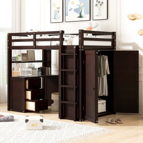 Twin Size Loft Bed with Drawers, Desk, and Wardrobe-Espresso