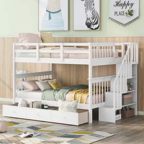 Stairway Full-Over-Full Bunk Bed with Drawer, Storage and Guard Rail for Bedroom, White LT000310AAK