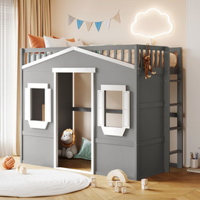 Twin Size House Loft Bed with Ladder-Gray+White Frame