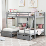 Full Over Twin & Twin Bunk Bed, Wood Triple Bunk Bed with Drawers and Guardrails (Gray) LT000343AAE