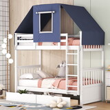 Twin over Twin Bunk Bed Wood Bed with Tent and Drawers, White+Blue Tent