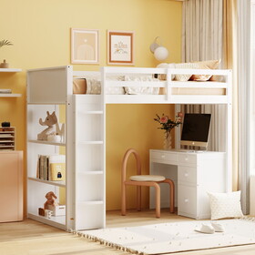 Twin Size Loft Bed with Ladder, Shelves, and Desk, White LT000347AAK
