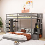 Twin over Full Bunk Bed with 3-layer Shelves, Drawers and Storage Stairs, Gray LT000358AAE