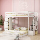 Twin over Full Bunk Bed with 3-layer Shelves, Drawers and Storage Stairs, White LT000358AAK