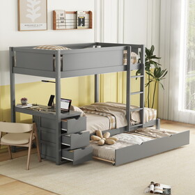 Twin-Over-Twin Bunk Bed with Twin size Trundle, Storage and Desk, Gray LT000363AAE