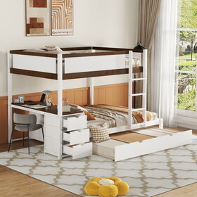 Full-Over-Full Bunk Bed with Twin size Trundle, Storage and Desk, White+Walnut LT000364AAD