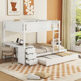 Full-Over-Full Bunk Bed with Twin size Trundle, Storage and Desk, White LT000364AAK