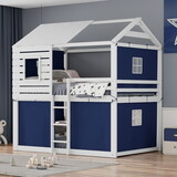 Full Size Bunk Wood House Bed with Tent, Blue+White