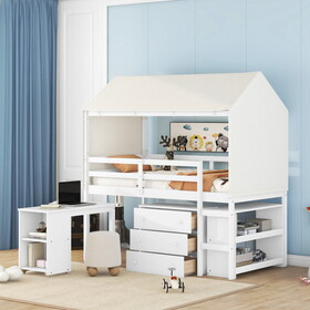 Twin Size Loft Bed with Rolling Cabinet, Shelf and Tent - White LT000388AAK