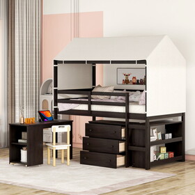 Twin Size Loft Bed with Rolling Cabinet, Shelf and Tent - Espresso LT000388AAP