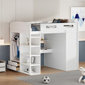 Full Size Loft Bed with Desk, Wardrobes, 4 Drawers and 4 Shelves-White LT000535AAK