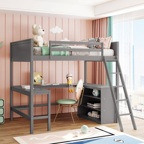 Full Size Loft Bed with Shelves and Desk, Wooden Loft Bed with Desk - Gray LT000538AAE