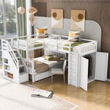 Twin-Twin over Full L-Shaped Bunk Bed with 3 Drawers, Portable Desk and Wardrobe, White LT000542AAE