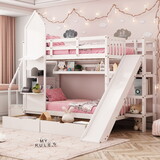 Twin-Over-Twin Castle Style Bunk Bed with 2 Drawers 3 Shelves and Slide - White