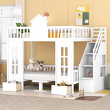Full-Over-Full Bunk Bed with Changeable Table,Bunk Bed Turn into Upper Bed and Down Desk - White