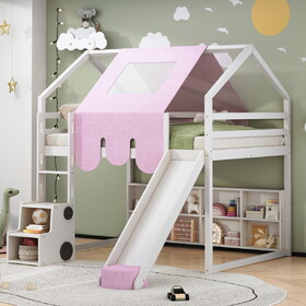 Full size Wooden Loft Bed House-shaped Frame with a Tent, White+Pink