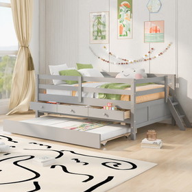 Low Loft Bed Full Size with Full Safety Fence, Climbing Ladder, Storage Drawers and Trundle Gray Solid Wood Bed