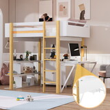 Twin Size Wood Loft Bed with Built-in Storage Cabinet and Cubes, Foldable desk, White LT000711AAE