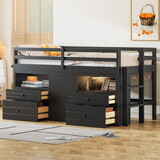 Twin Size Loft Bed with 4 Drawers, Underneath Cabinet and Shelves, Espresso P-LT000762AAE