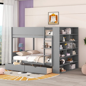 Full over Full Bunk Bed with 2 Drawers and Multi-layer Cabinet, Gray LT000768AAE