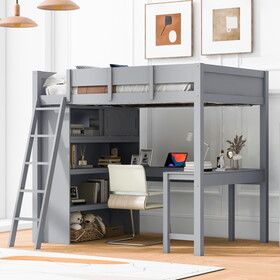 Full Size Loft Bed with Desk and Shelf - Gray